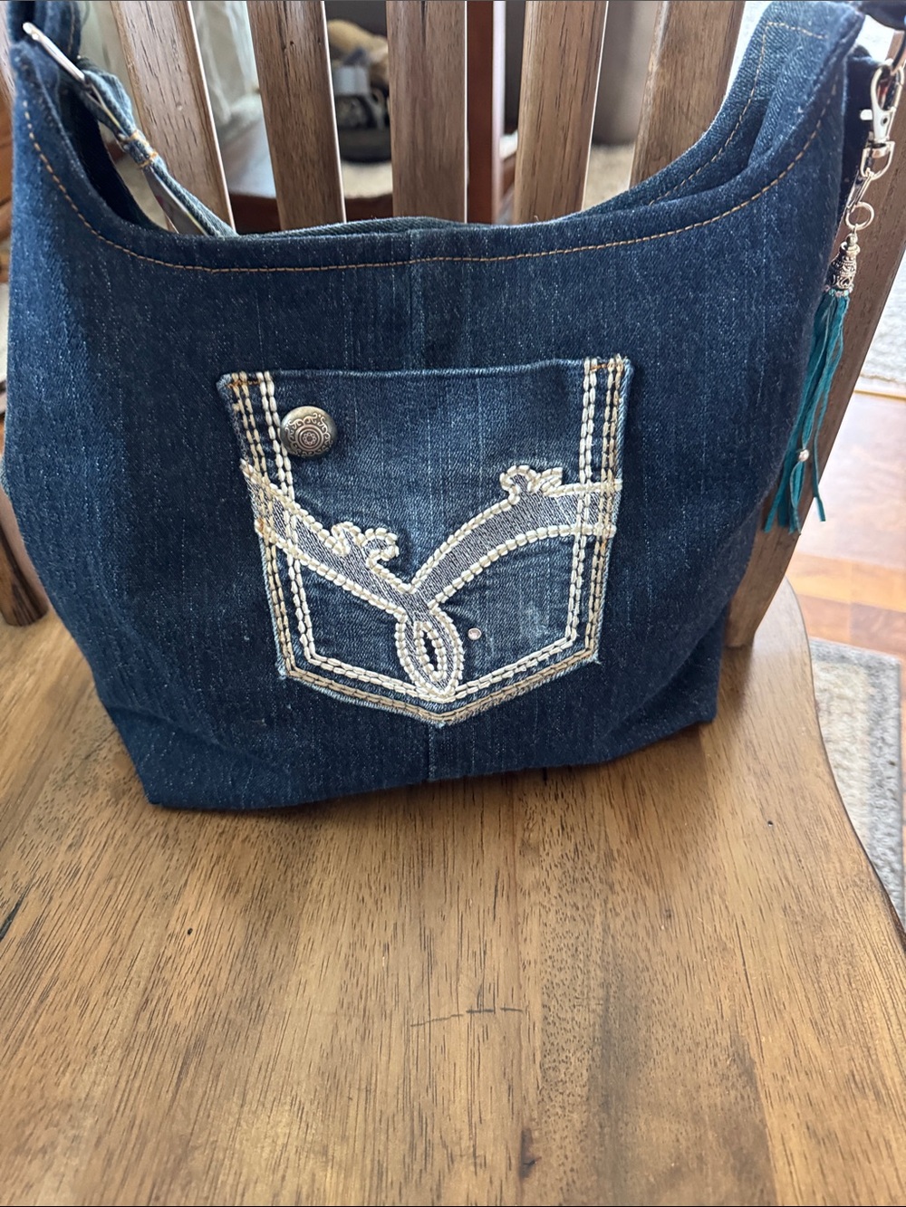 Denim Embroidered Pocket Shoulder Bag - Dark Blue
